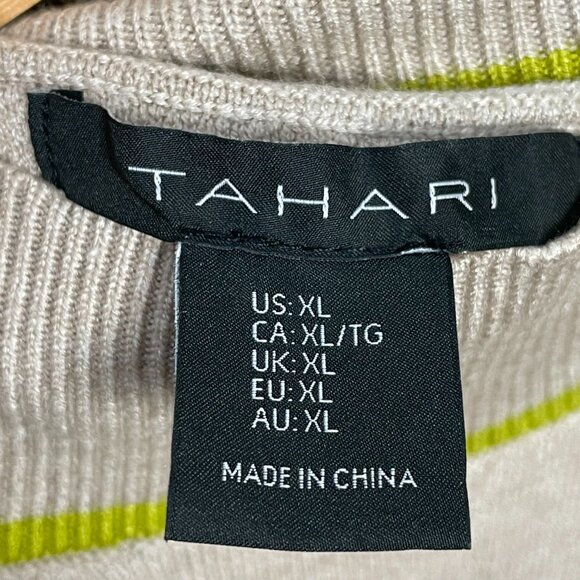 Tahari Sweater Striped XL Women Autumn Fall Pullover Mock Neck Tan White Green - Picture 3 of 11